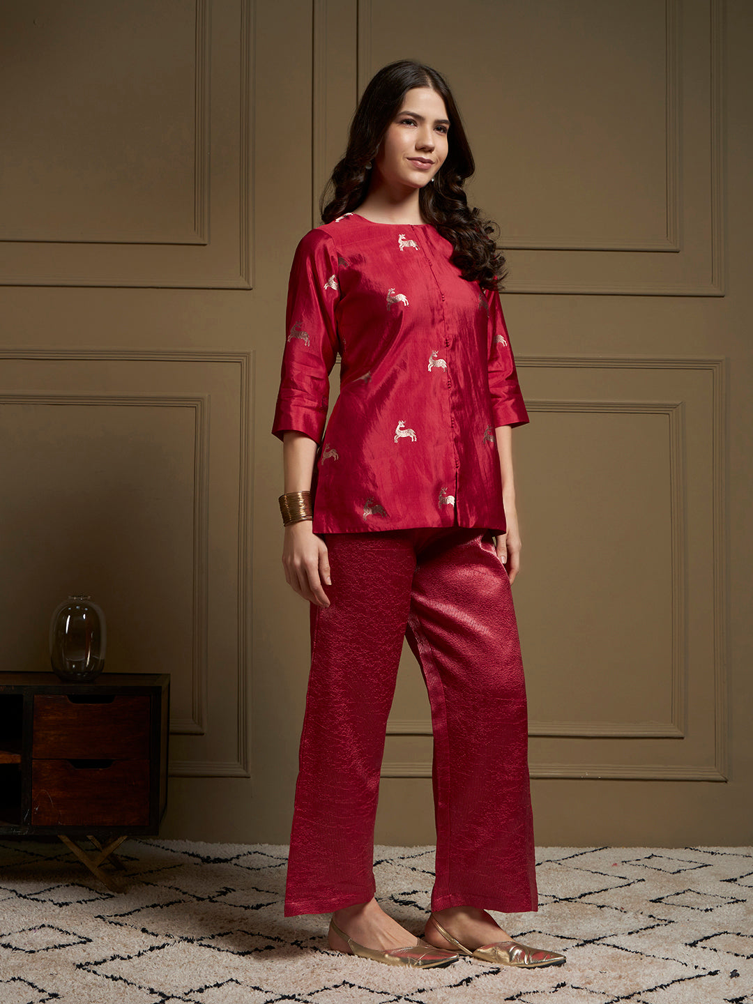 Garnet Pure Silk Cordset with real zari motif and real zari strip work
