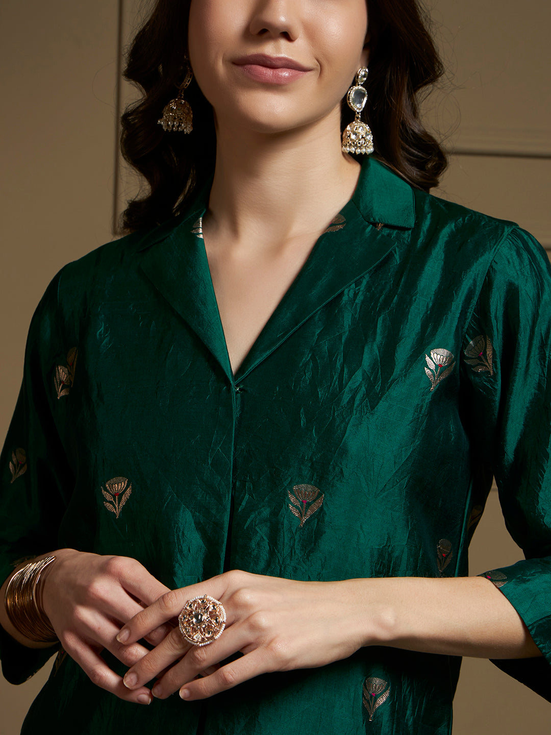 Emerald Pure Silk Cordset with real zari motif and real zari strip work