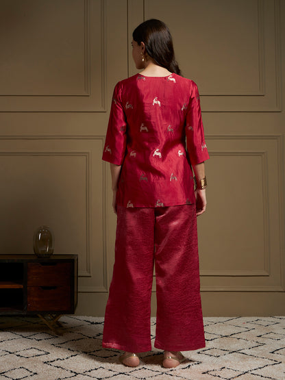 Garnet Pure Silk Cordset with real zari motif and real zari strip work