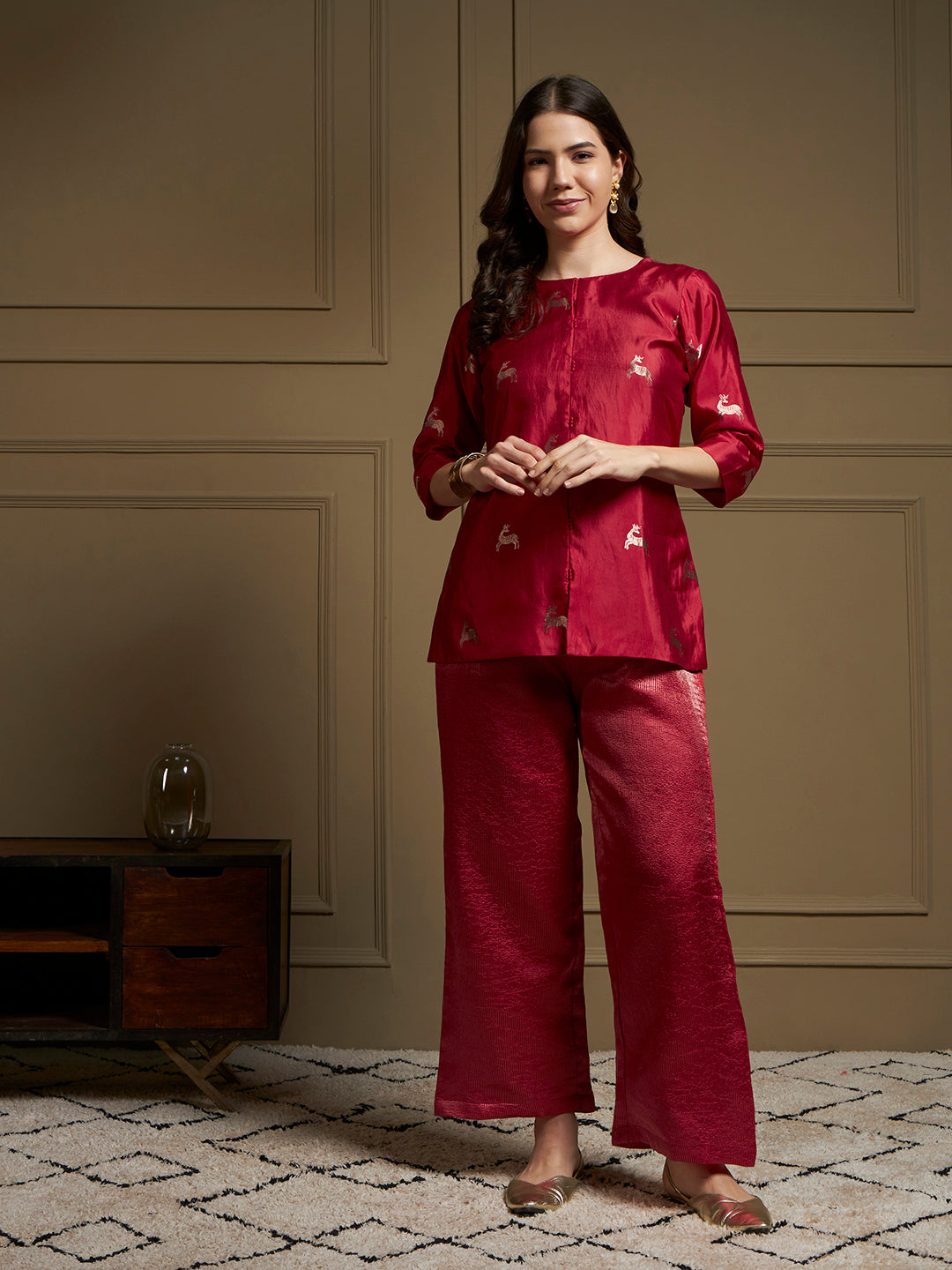 Garnet Pure Silk Cordset with real zari motif and real zari strip work