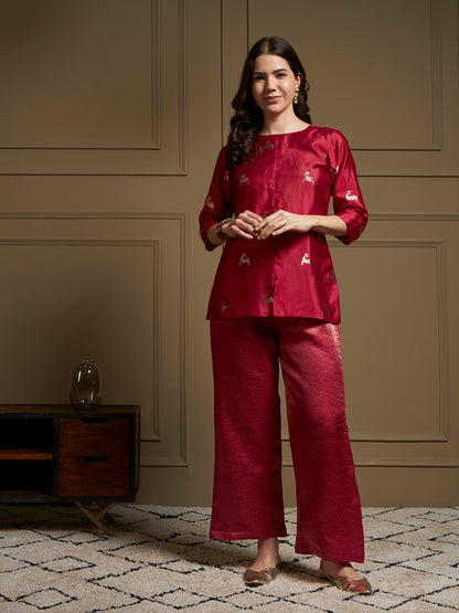Garnet Pure Silk Cordset with real zari motif and real zari strip work