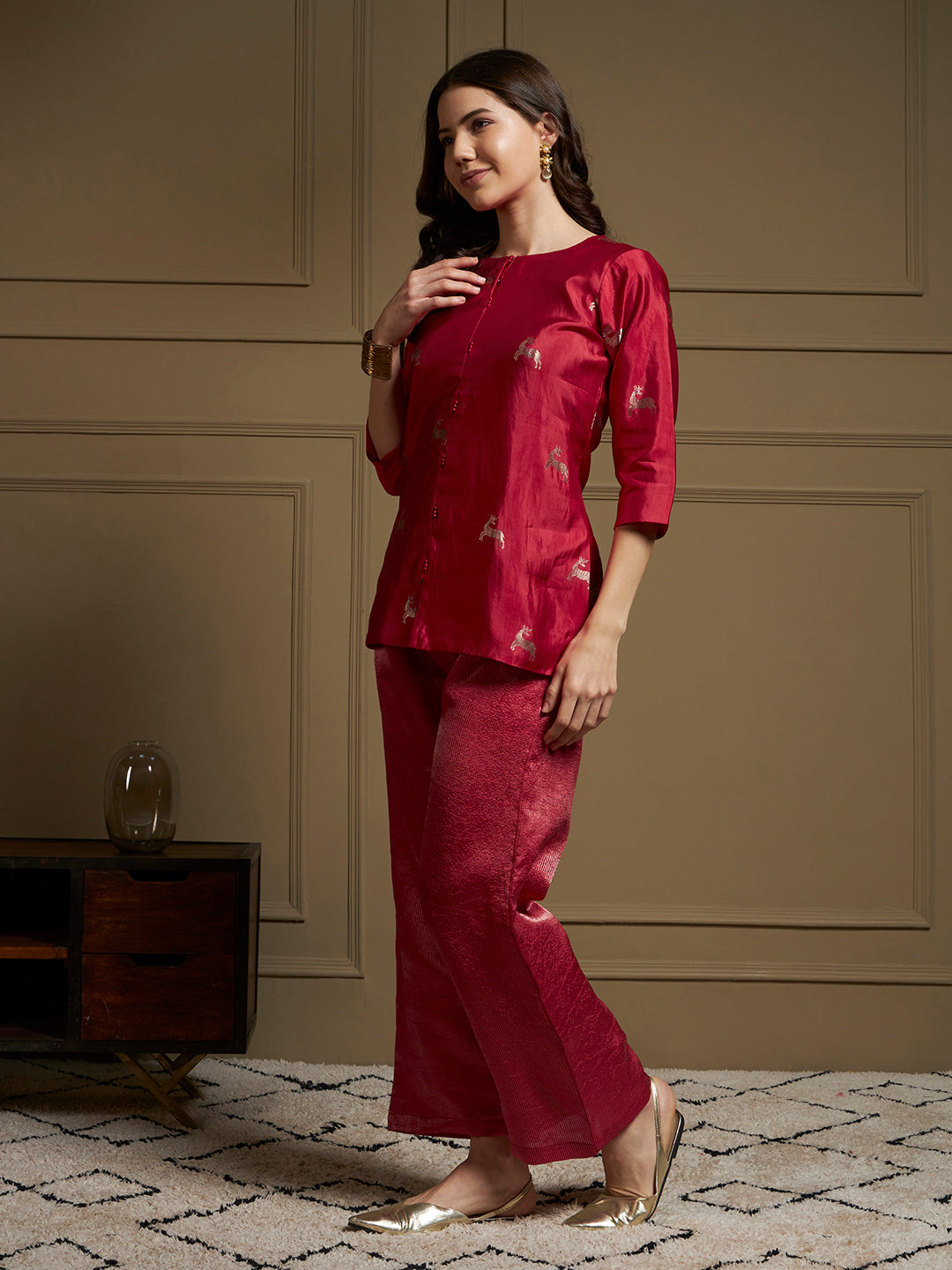 Garnet Pure Silk Cordset with real zari motif and real zari strip work