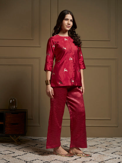 Garnet Pure Silk Cordset with real zari motif and real zari strip work