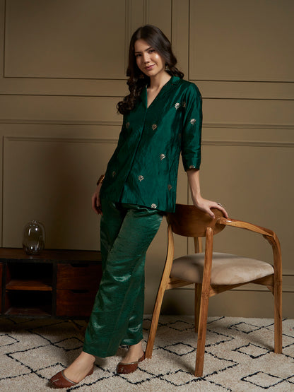 Emerald Pure Silk Cordset with real zari motif and real zari strip work