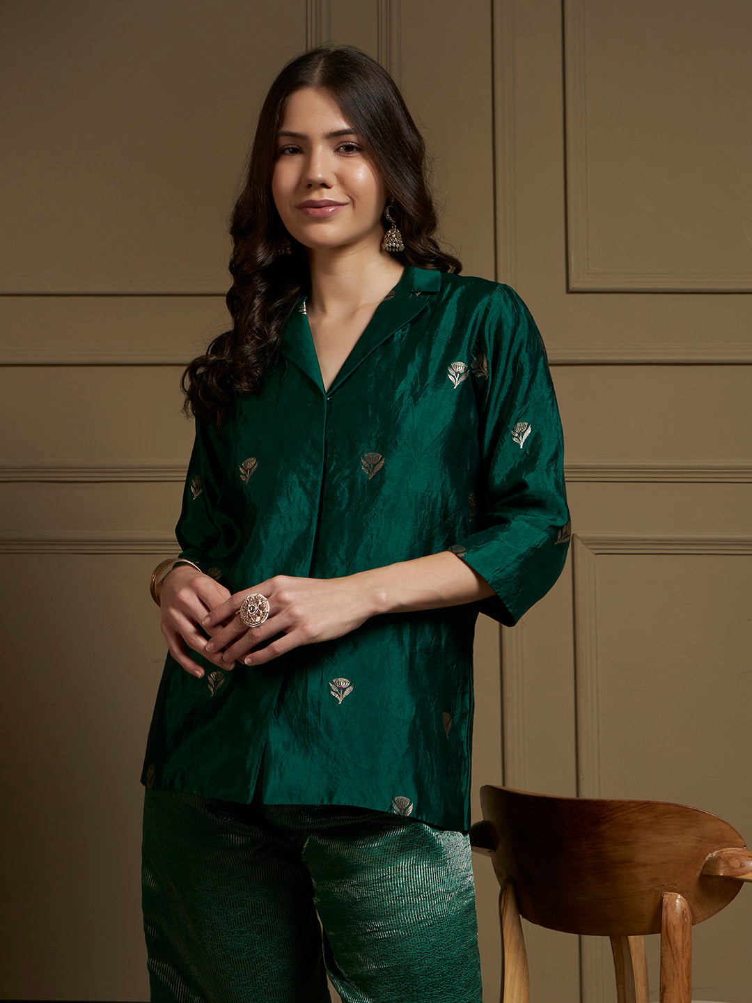 Emerald Pure Silk Cordset with real zari motif and real zari strip work