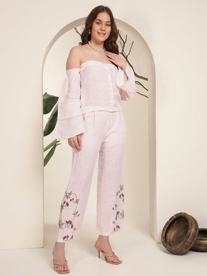 Baby Pink Off-Shoulder 100% Pure linen printed co-ord sets